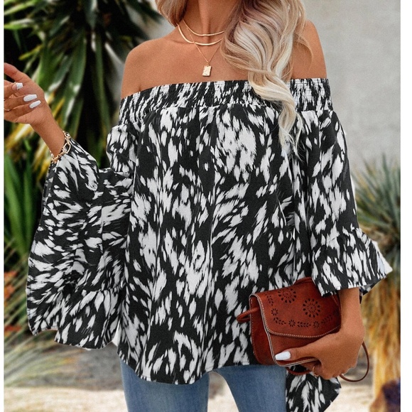 Leopard Print Off Shoulder Wide Sleeve Ruffle Blouse - Picture 7 of 10